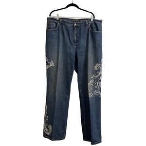 Ralph Lauren Co Jeans Women 18W Wide Leg Blue Denim Flare Ink Stamped Stencil